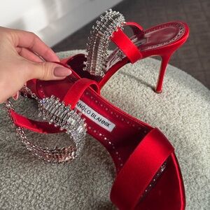 Manolo Blahnik Parinasan 105mm Red Satin Heels, 37 , dust bags, worn 2times